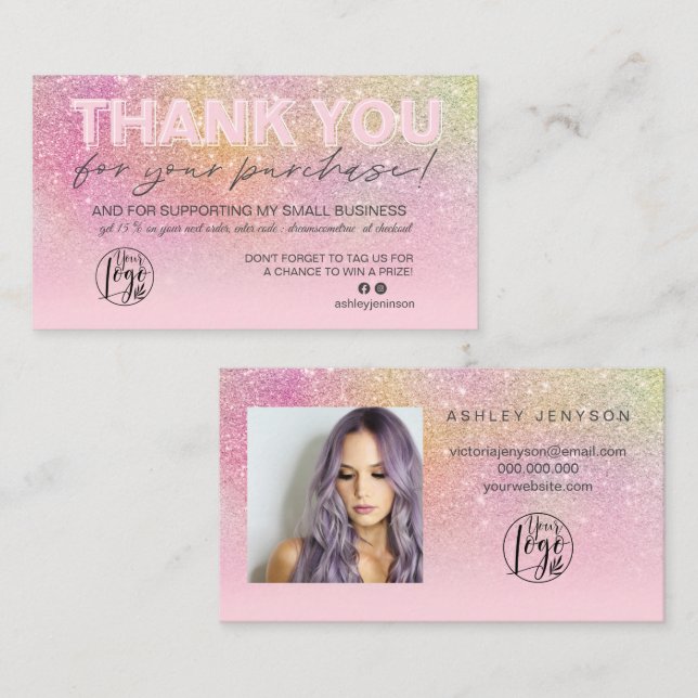 Rainbow glitter script photo logo thank you business card (Front/Back)
