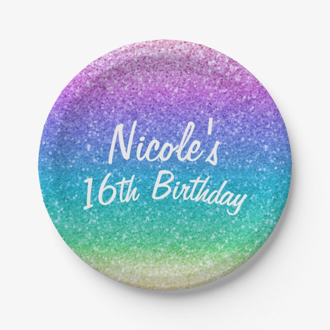 Rainbow Glitter Sparkle Glam Birthday Party Custom Paper Plate (Front)