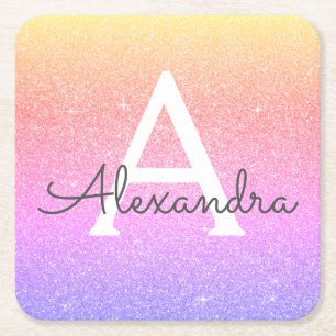 Rainbow Glitter & Sparkle Monogram Birthday Square Paper Coaster