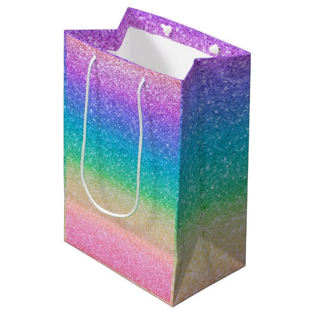 Rainbow Glitter Sparkle Pretty Birthday Party Glam Medium Gift Bag (Front Angled)