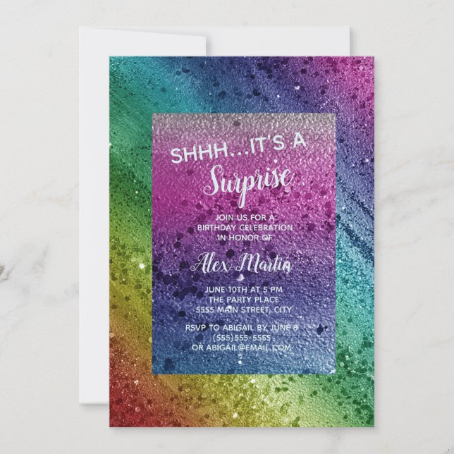 Rainbow Glitter Sparkle Purple Surprise Birthday Invitation (Front)