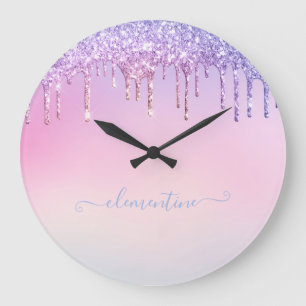 Rainbow glitter sparkle script modern girly script large clock