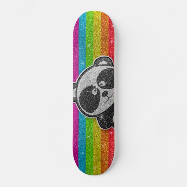 Rainbow Glitter Sparkly Black White Panda Sparkle Skateboard (Front)