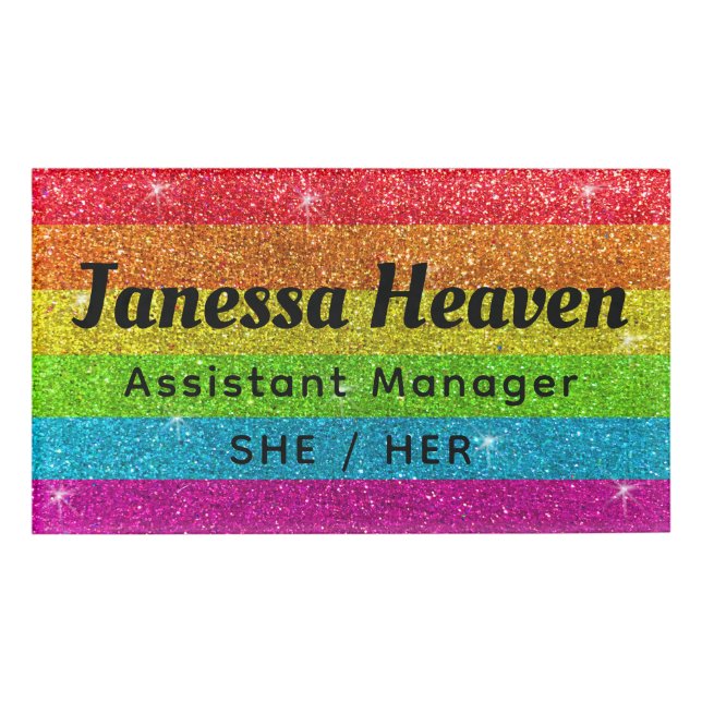 Rainbow Glitter Sparkly Chalkboard Name Profession Tag (Front)