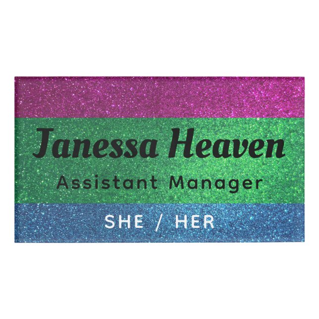 Rainbow Glitter Sparkly Polysexual Name Profession Name Tag (Front)