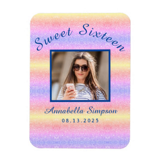 Rainbow Glitter Sweet 16 Birthday Save the Date Magnet