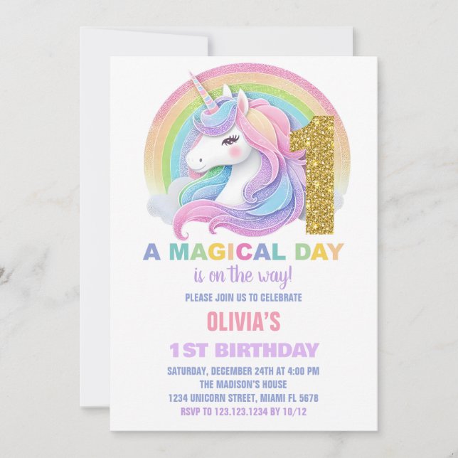 Rainbow Glitter Unicorn Birthday Invitations (Front)
