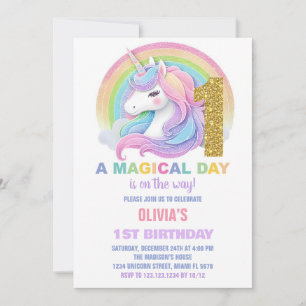 Rainbow Glitter Unicorn Birthday Invitations