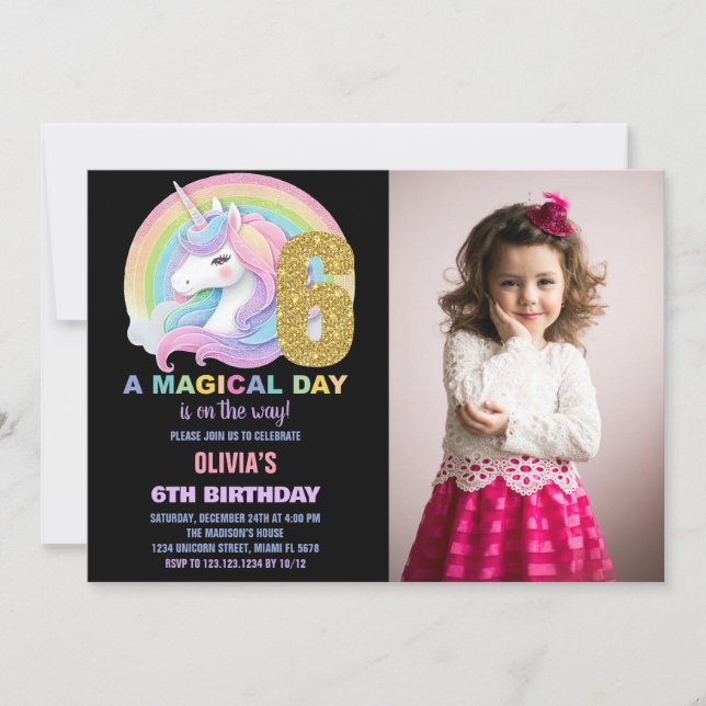 Rainbow Glitter Unicorn Birthday Invitations photo (Front)