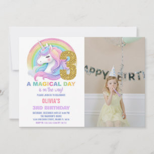 Rainbow Glitter Unicorn Birthday Invitations photo