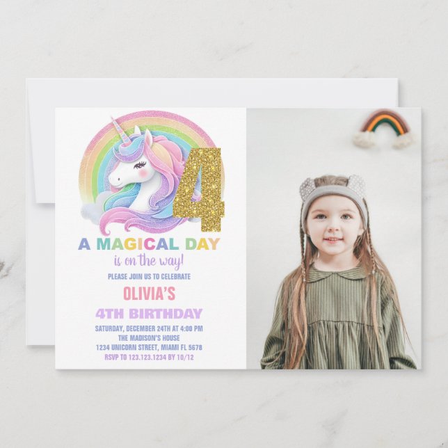 Rainbow Glitter Unicorn Birthday Invitations photo (Front)
