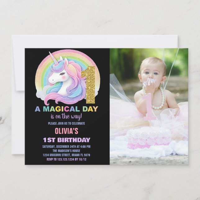 Rainbow Glitter Unicorn Birthday Invitations photo (Front)