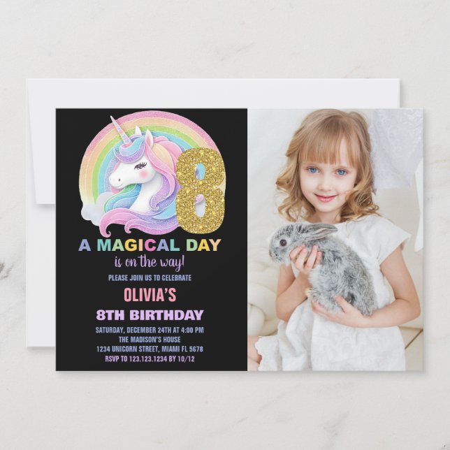 Rainbow Glitter Unicorn Birthday Invitations photo (Front)