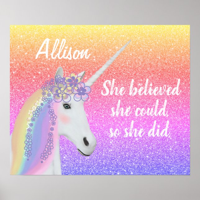 Rainbow Glitter Unicorn Girls Personalised Poster (Front)