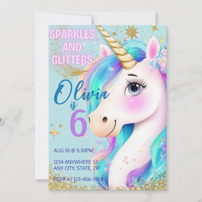 Rainbow Glitter Unicorn Invitation For Girls (Front)