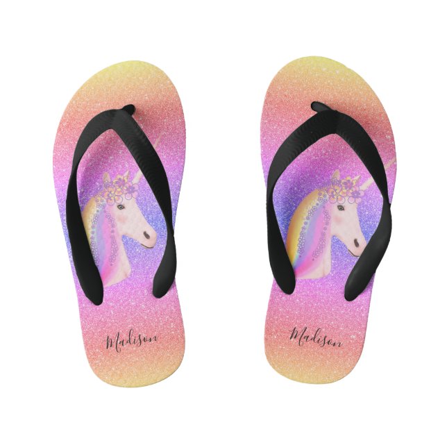 Rainbow Glitter Unicorn Personalised Kid's Jandals (Footbed)
