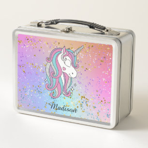Rainbow Glitter Unicorn Sparkle Personalised  Metal Lunch Box