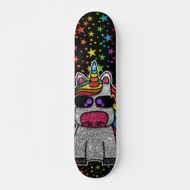 Rainbow Glitter Unicorn Sparkly Stars Sparkle Sk8r Skateboard (Front)
