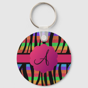Rainbow glitter zebra stripes monogrammed key ring