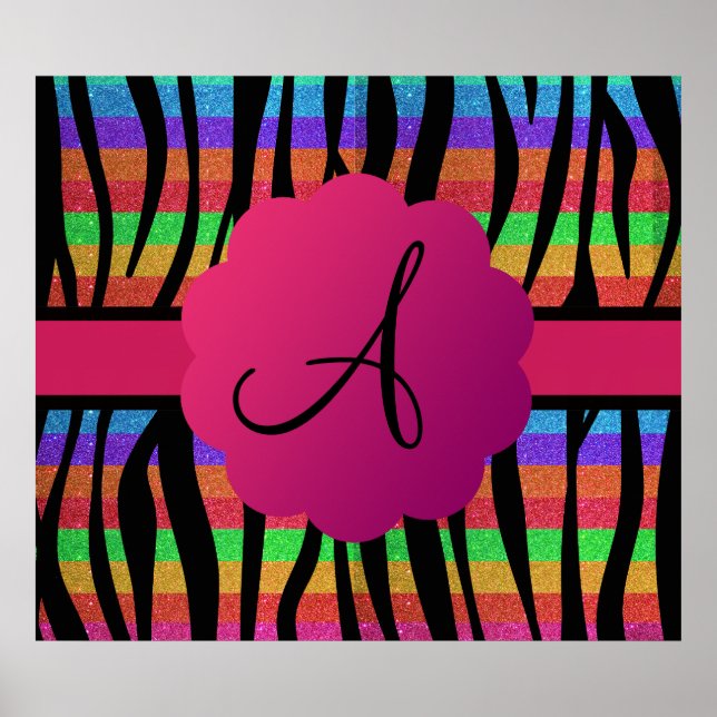 Rainbow glitter zebra stripes monogrammed poster (Front)