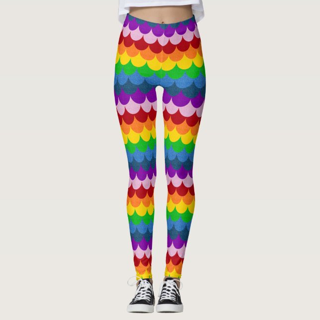 Rainbow Glittery Mermaid Scales Pattern Leggings (Front)