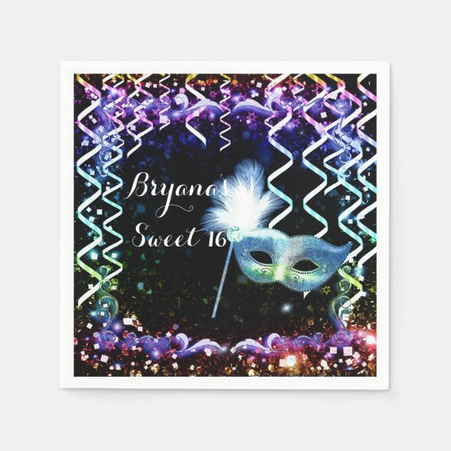Rainbow Glow Masquerade Mask Birthday Party Napkin (Front)