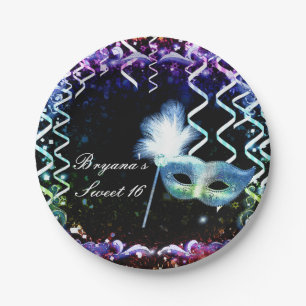 Rainbow Glow Masquerade Mask Birthday Party Paper Plate