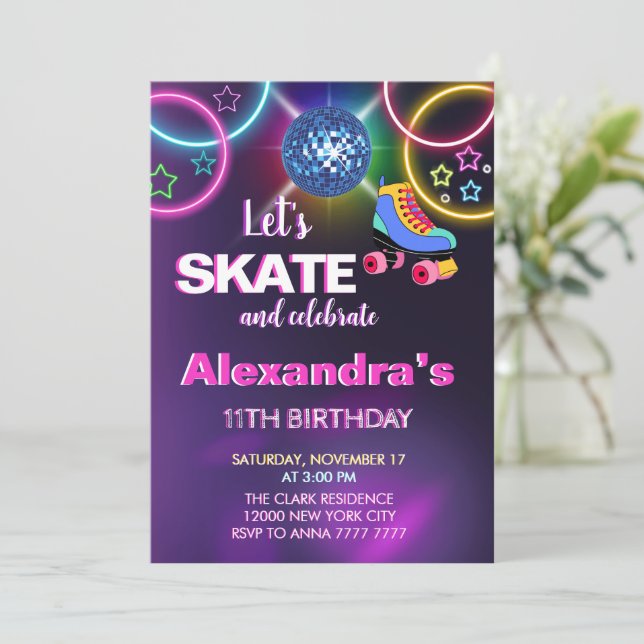 rainbow glow roller skating disco party birthday invitation (Standing Front)