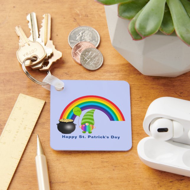 Rainbow Gnome Pot of Gold St Paddys Day Metal Sq Key Ring (Desk)