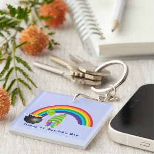 Rainbow Gnome Pot of Gold St Paddys Day One Side Key Ring