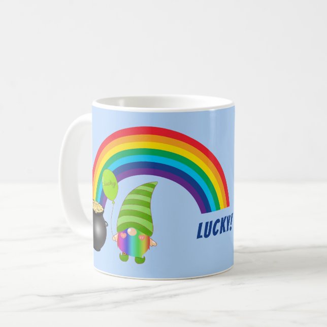 Rainbow Gnome Pot of Gold St Patricks Day Coffee Mug (Front Left)
