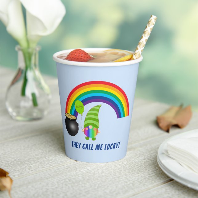 Rainbow Gnome Pot of Gold St Patricks Day Paper Cups (Insitu)