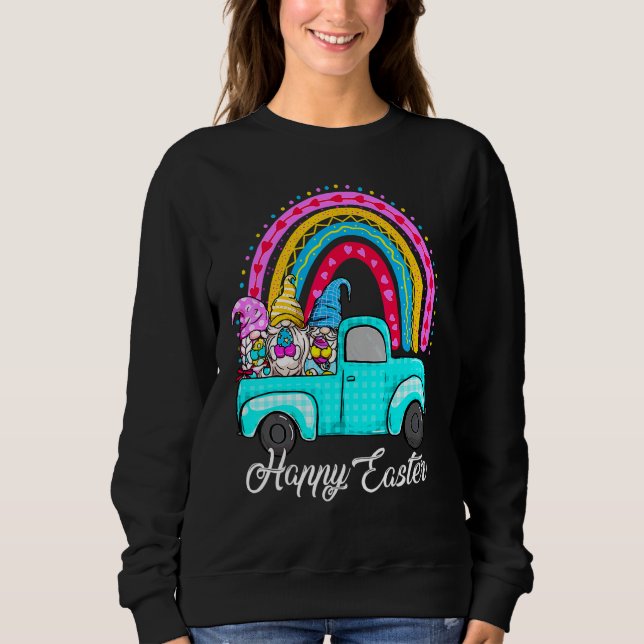 Rainbow Gnomes With Bunny Eggs Hunting Truck Easte Sweatshirt (Front)