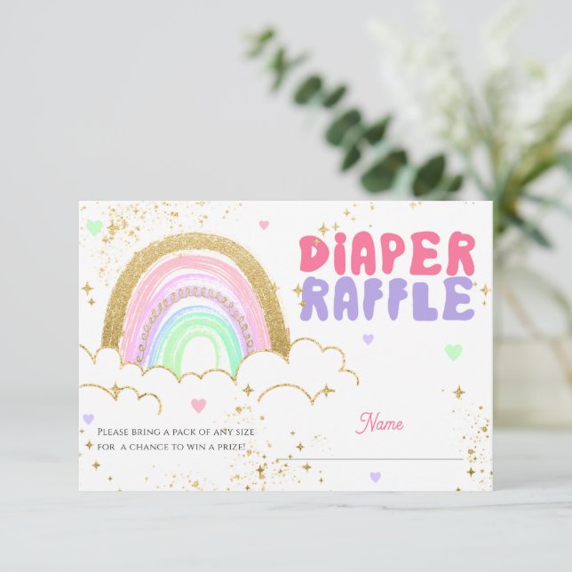 Rainbow Gold Baby Shower Diaper Raffle Card (Standing Front)