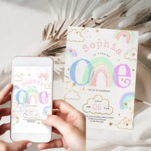 Rainbow Gold Clouds 1st Birthday Invitation