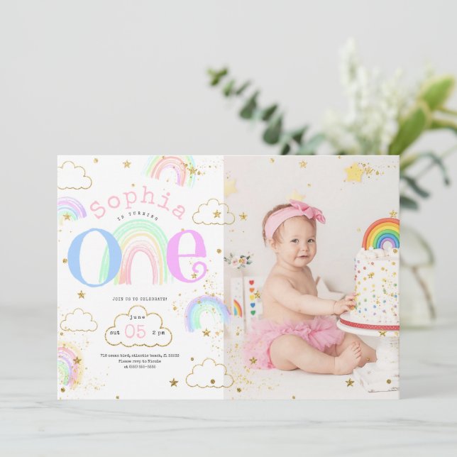 Rainbow Gold Clouds 1st Birthday Photo Invitation (Standing Front)
