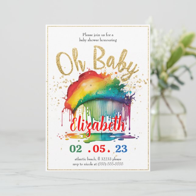 Rainbow Gold Glitter Baby Shower Invitation (Standing Front)