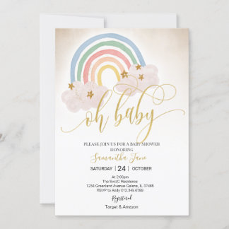 Rainbow Gold Glitter Baby Sprinkle Oh Baby Shower Invitation