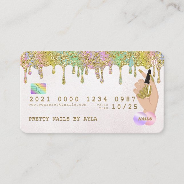 Rainbow Gold Glitter Drip Nail Technician Credit B Business Card (Front)