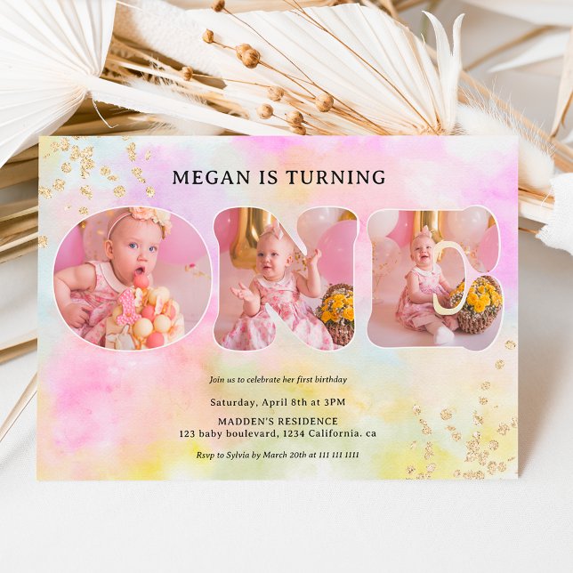 Rainbow gold glitter pastel 3 photos 1st birthday invitation (Creator Uploaded)