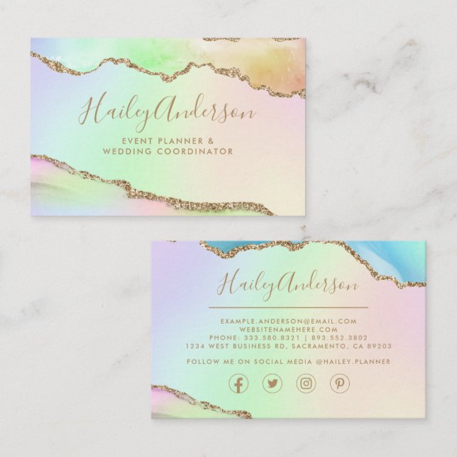 Rainbow & Gold Glitter Watercolor Gilded Agate Business Card (Front/Back)