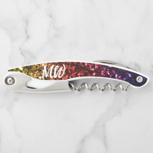 Rainbow gold red purple faux sparkles Monogram Corkscrew