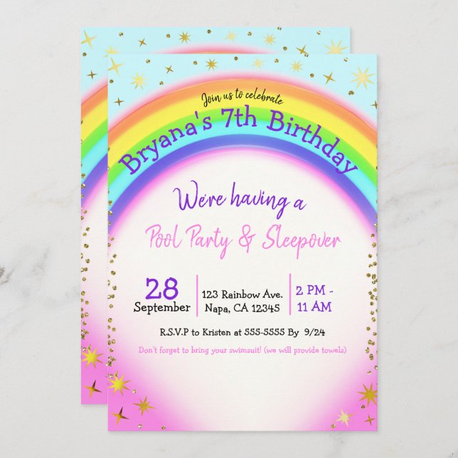 Rainbow Gold Sparkle Fantasy Birthday Party Invitation (Front/Back)
