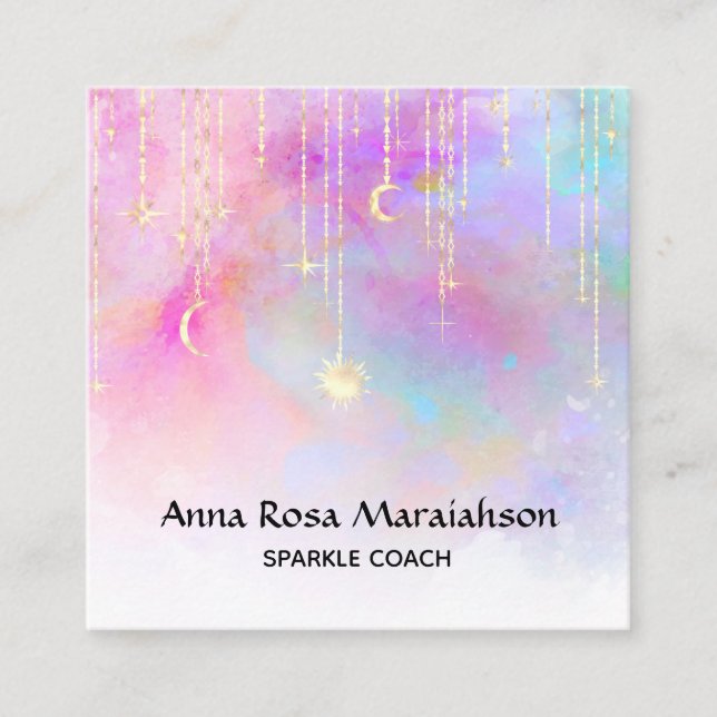 *~* Rainbow Gold Sparkle Glitter Moon Sun Unicorn Square Business Card (Front)