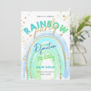 Rainbow Gold Stars Birthday Invitation