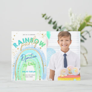 Rainbow Gold Stars Birthday Photo Invitation