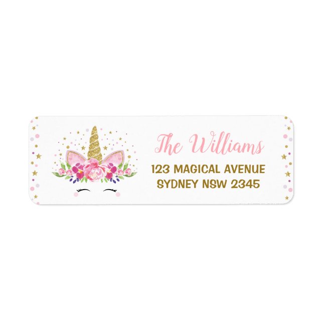 Rainbow Gold Unicorn Birthday Party Address Label (Front)