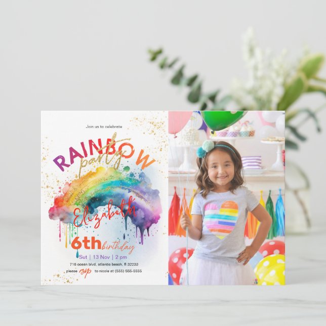 Rainbow Gold Watercolour Photo Birthday Invitation (Standing Front)