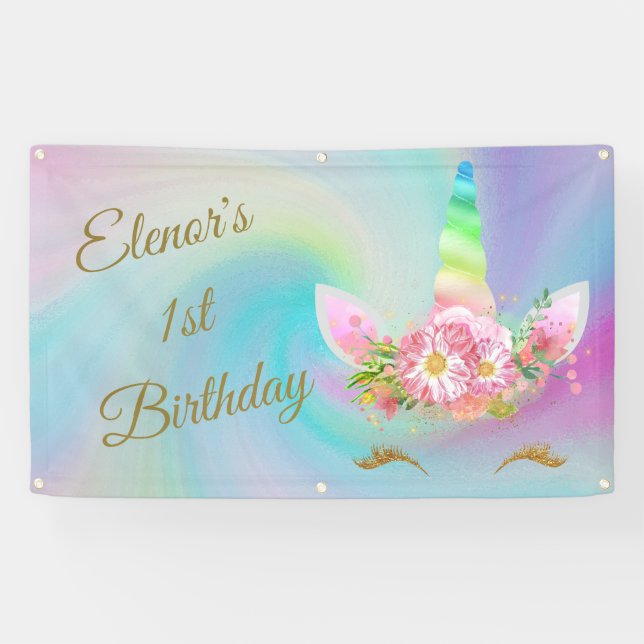 Rainbow Golden Unicorn Name & Age Banner (Horizontal)