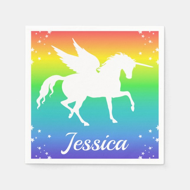 Rainbow Gradient and Unicorn Silhouette with Stars Napkin (Front)